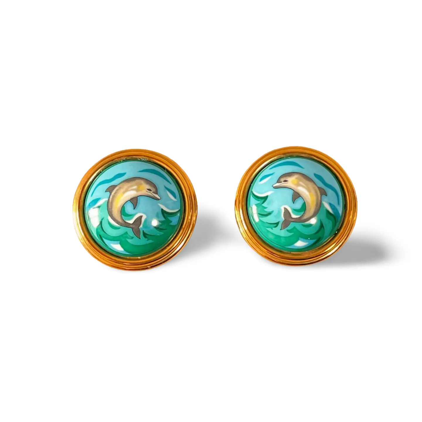 1990s. Vintage Hermes round shape cloisonne enamel golden earrings with dolphin design. Great gift idea. 0703110ac1