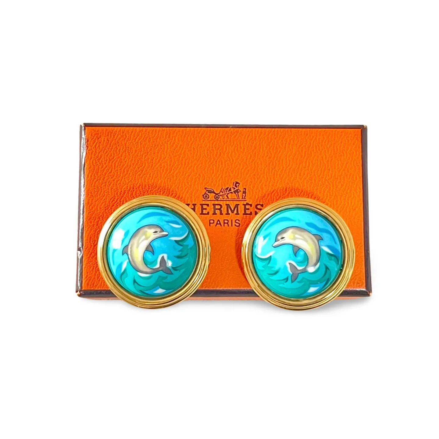 1990s. Vintage Hermes round shape cloisonne enamel golden earrings with dolphin design. Great gift idea. 0703110ac1