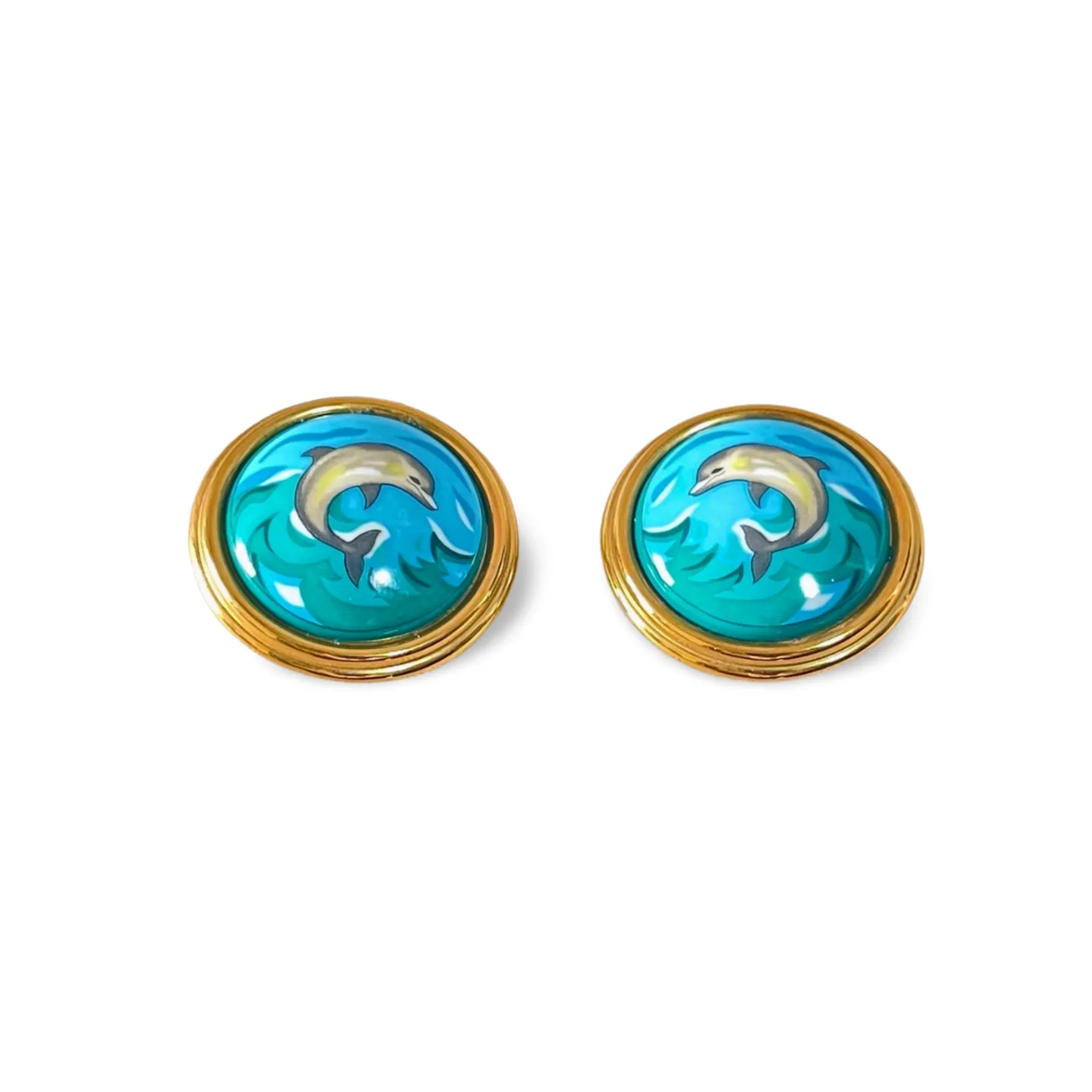 1990s. Vintage Hermes round shape cloisonne enamel golden earrings with dolphin design. Great gift idea. 0703110ac1