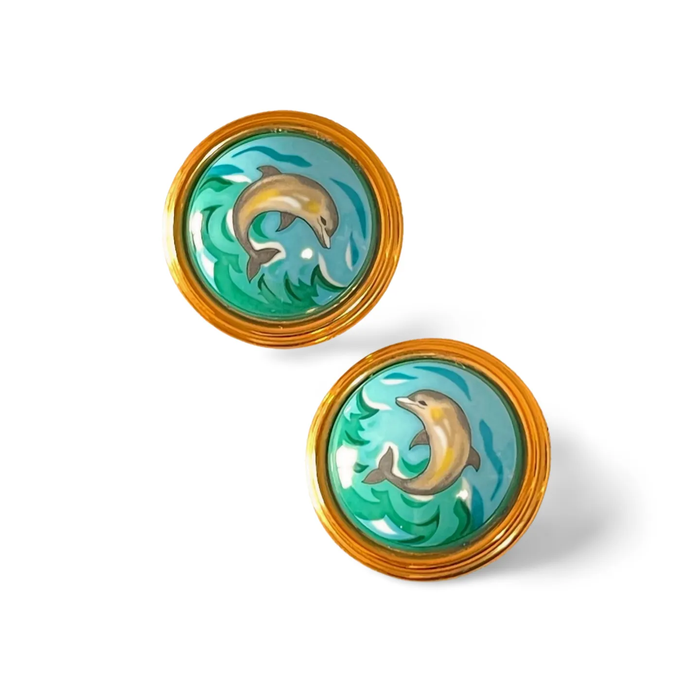1990s. Vintage Hermes round shape cloisonne enamel golden earrings with dolphin design. Great gift idea. 0703110ac1