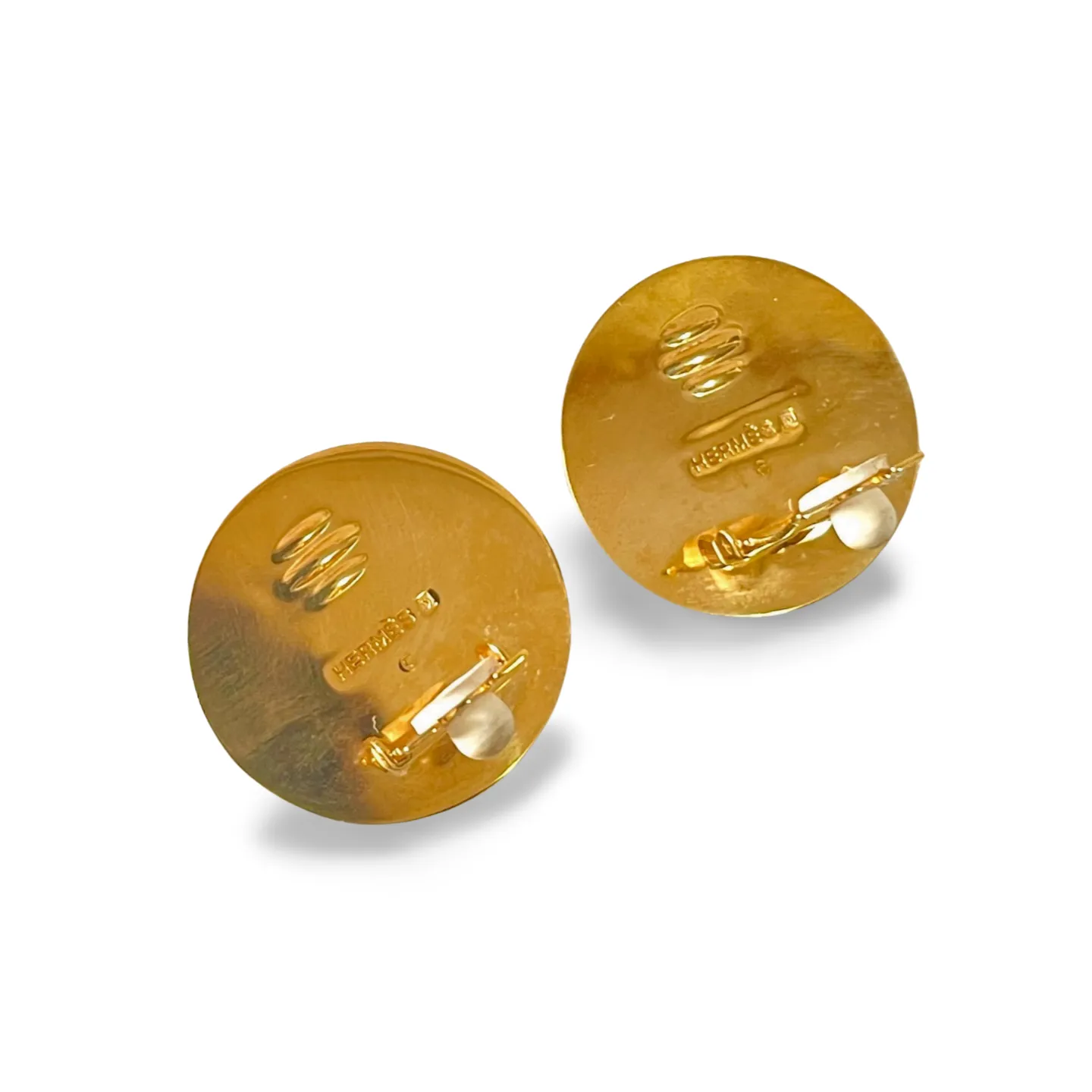 1990s. Vintage Hermes round shape cloisonne enamel golden earrings with dolphin design. Great gift idea. 0703110ac1
