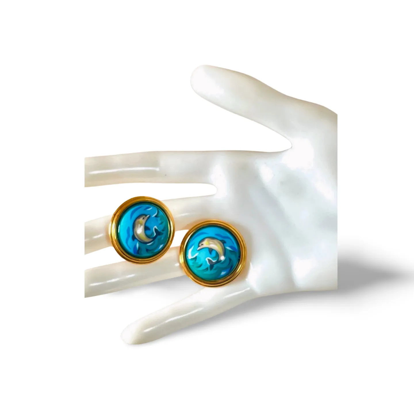 1990s. Vintage Hermes round shape cloisonne enamel golden earrings with dolphin design. Great gift idea. 0703110ac1