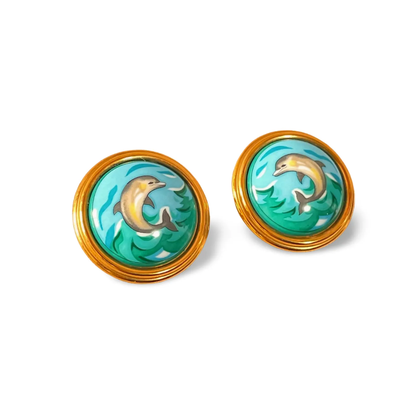 1990s. Vintage Hermes round shape cloisonne enamel golden earrings with dolphin design. Great gift idea. 0703110ac1