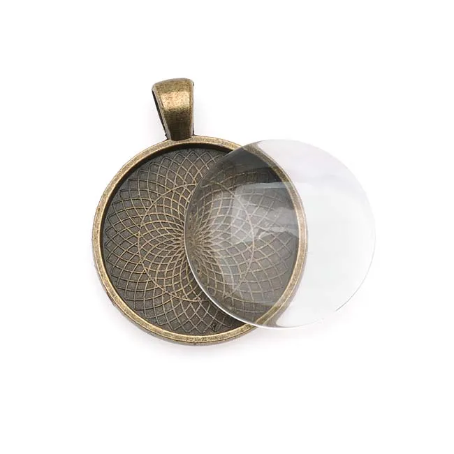 Bezel Pendant & Glass Cabochon, Round 25mm, Antiqued Brass Tone (1 Set)
