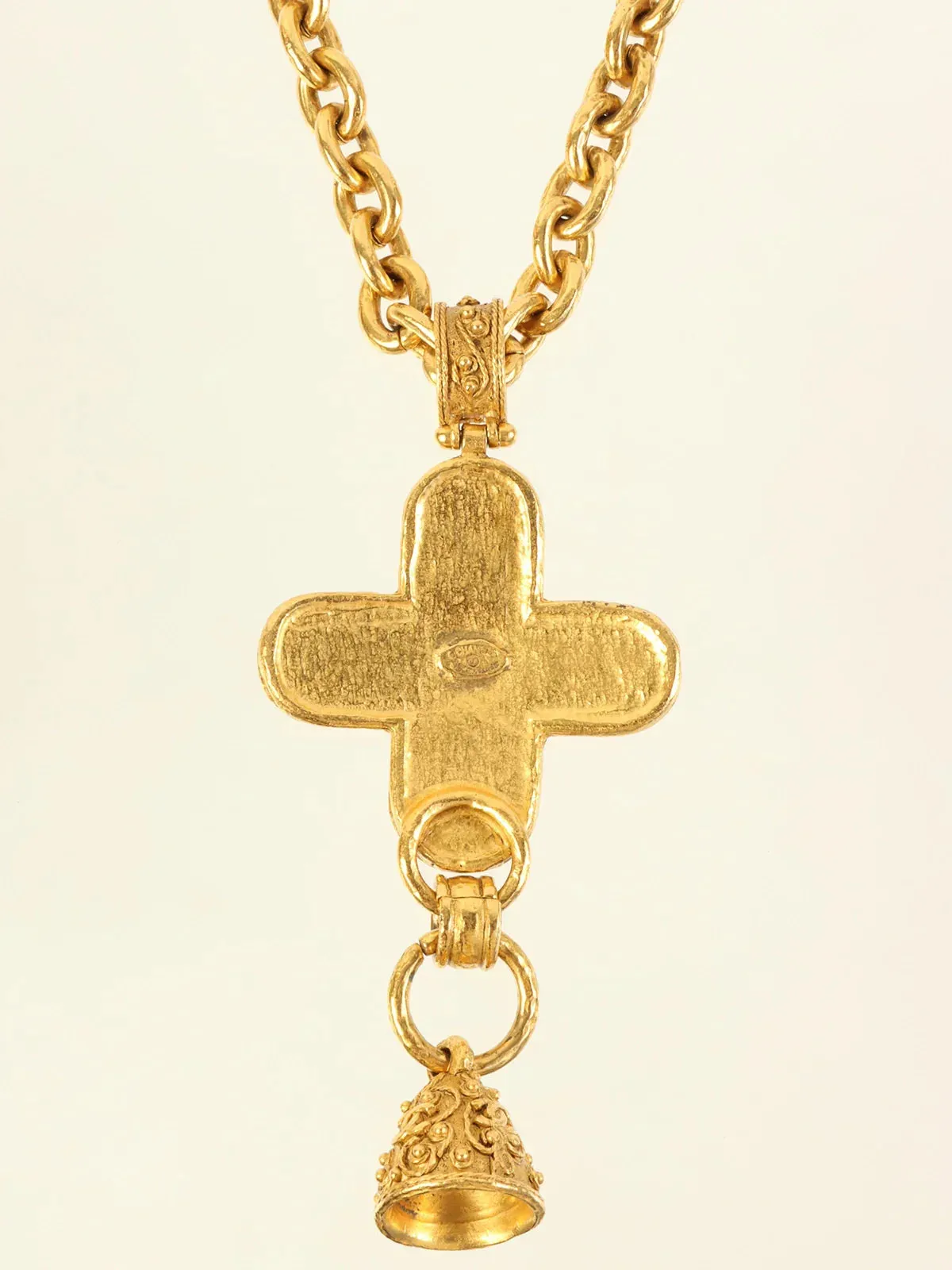 CHANEL 1994 Made Cross Bell Motif Dotted Cc Mark Long Necklace Gold