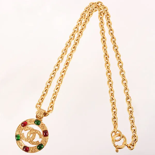 CHANEL 1994 Made Gripoix Round Cutout Cc Mark Necklace Green/Red