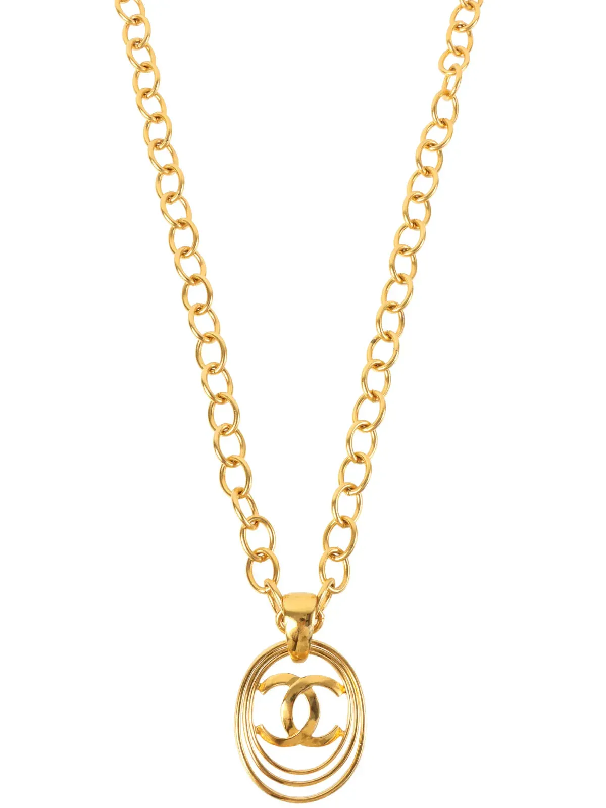 CHANEL 1995 Made Oval Cutout Cc Mark Plate Chain Long Necklace Gold