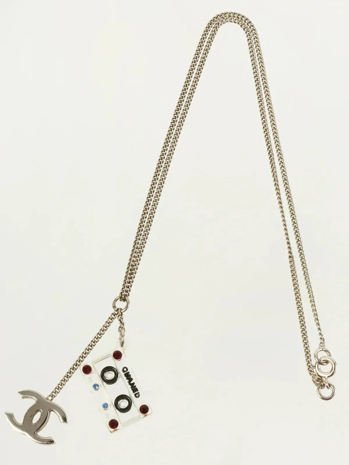 CHANEL 2004 Made Rhinestone Cassette Tape Plate Cc Mark Necklace Silver