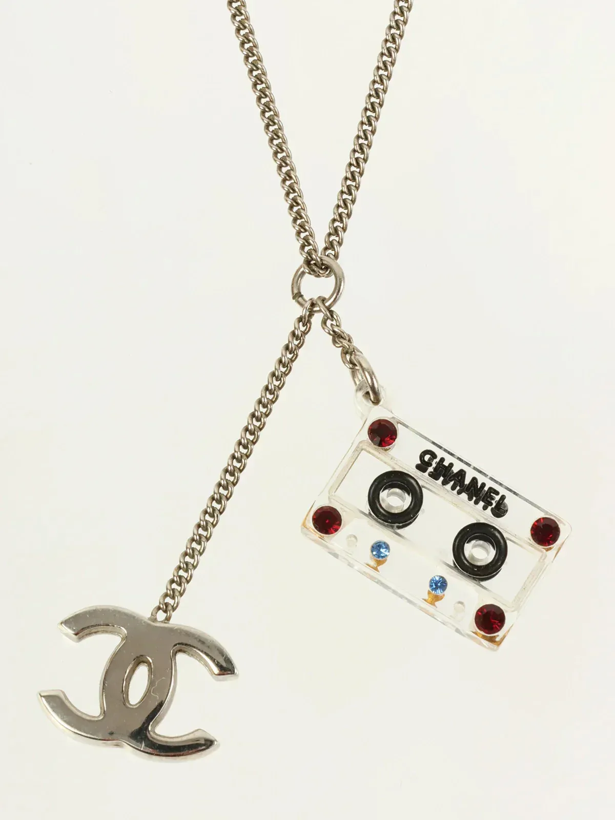 CHANEL 2004 Made Rhinestone Cassette Tape Plate Cc Mark Necklace Silver