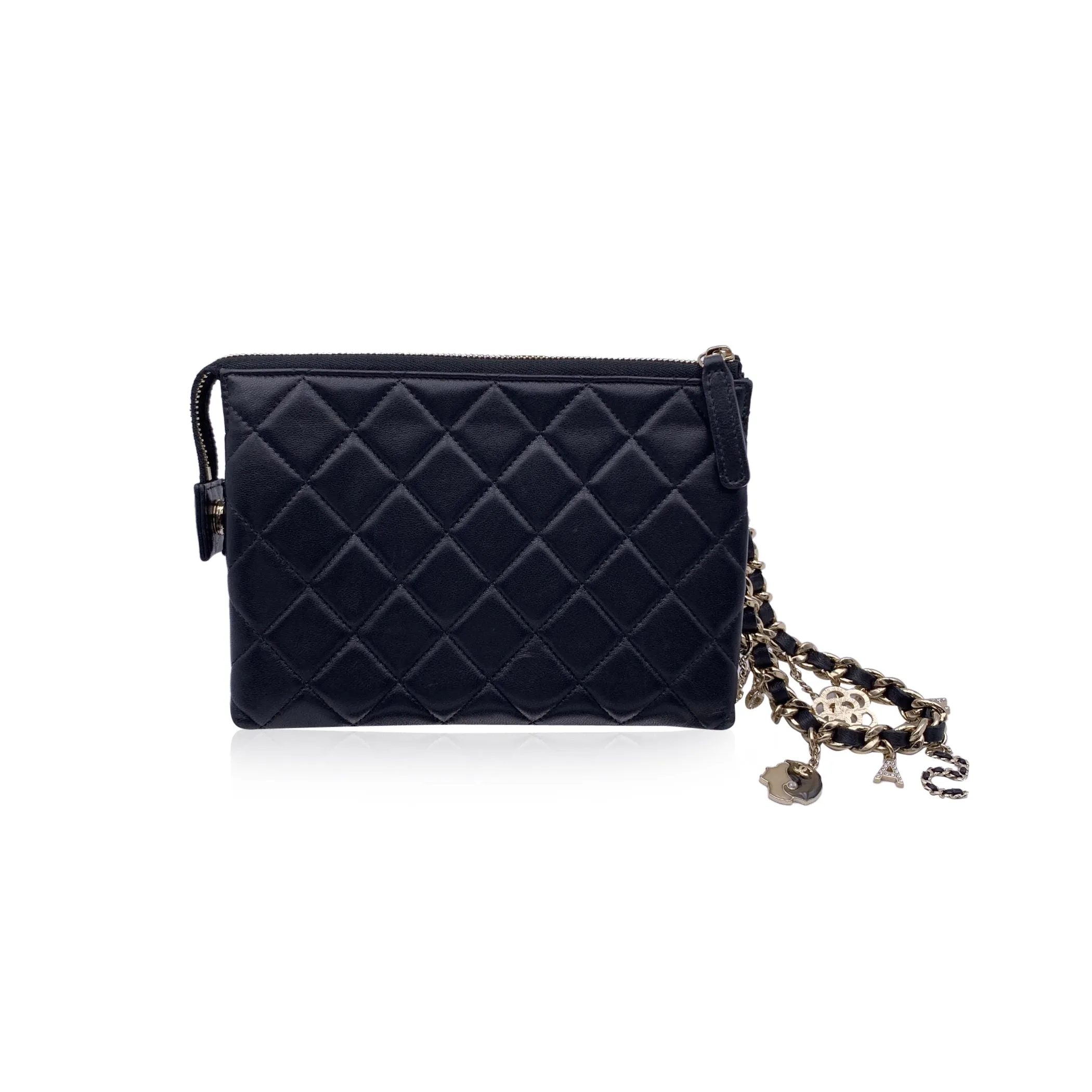 CHANEL 2021 Black Quilted Leather Cocp Charms Pouch Clutch Bag