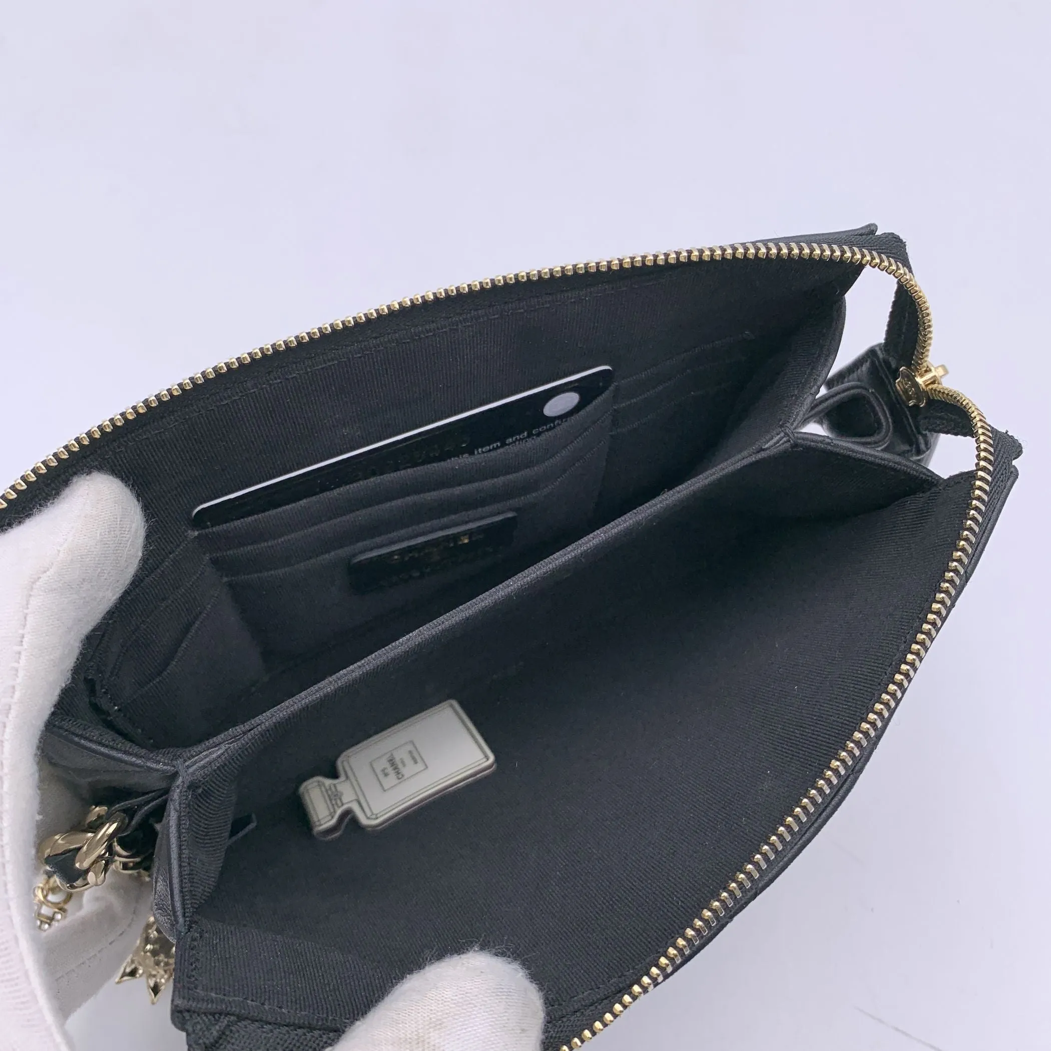 CHANEL 2021 Black Quilted Leather Cocp Charms Pouch Clutch Bag