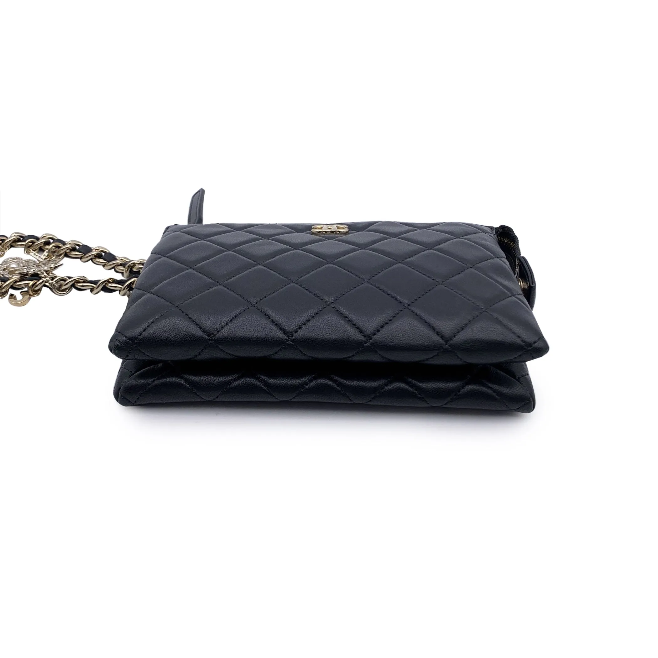 CHANEL 2021 Black Quilted Leather Cocp Charms Pouch Clutch Bag