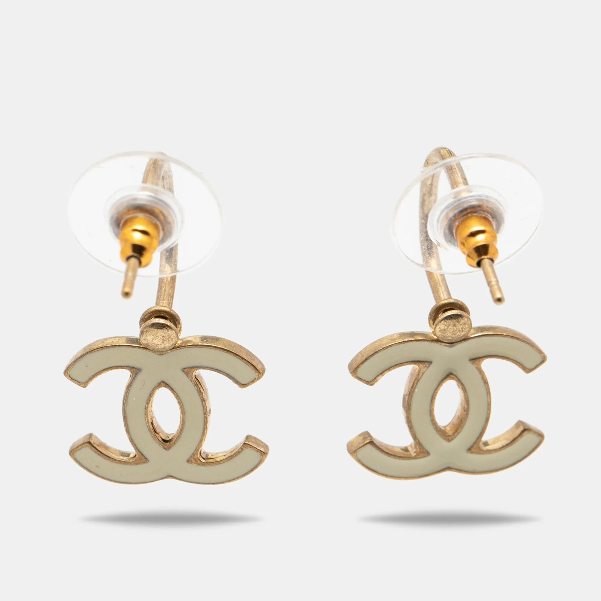 Chanel CC Enamel Gold Tone Earrings