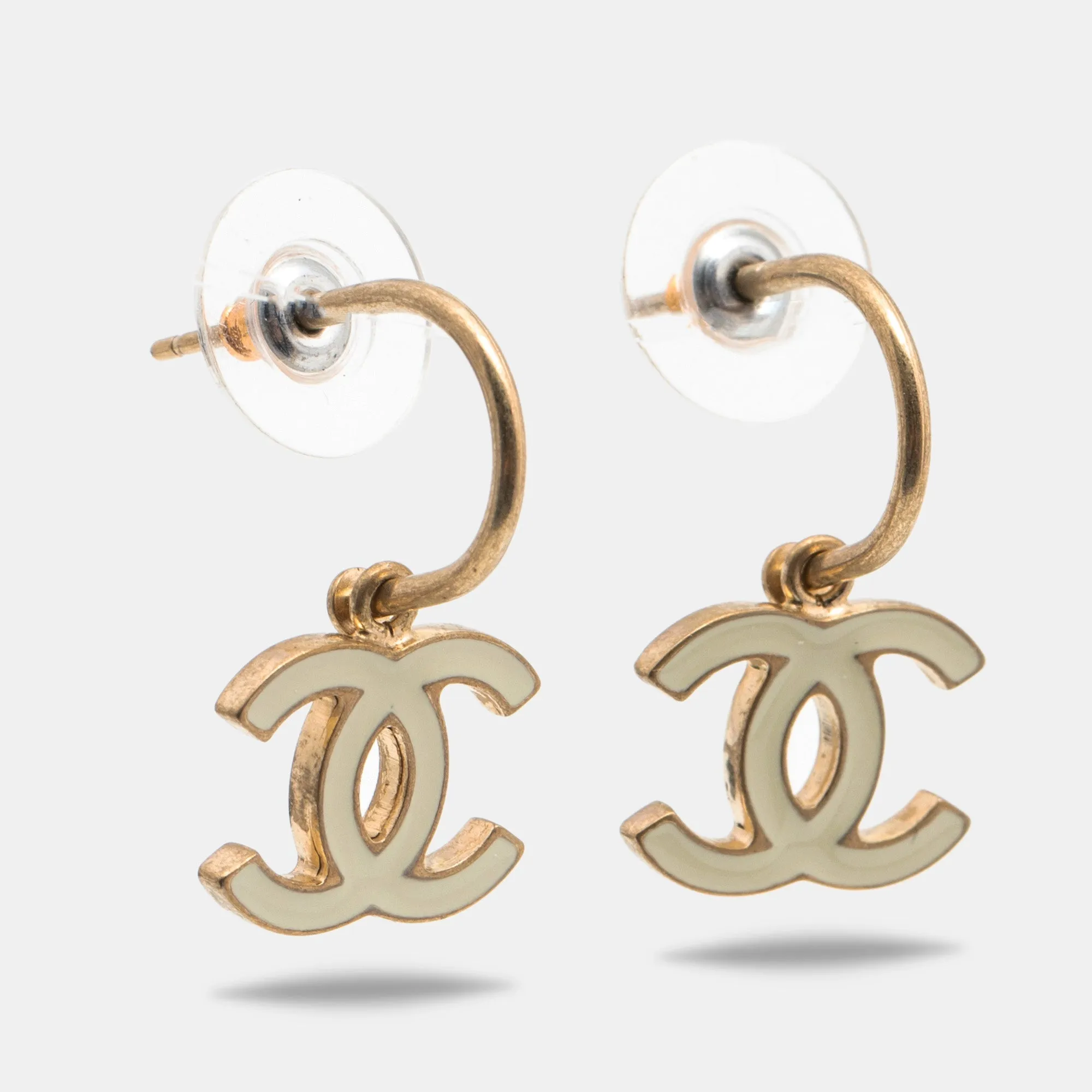 Chanel CC Enamel Gold Tone Earrings
