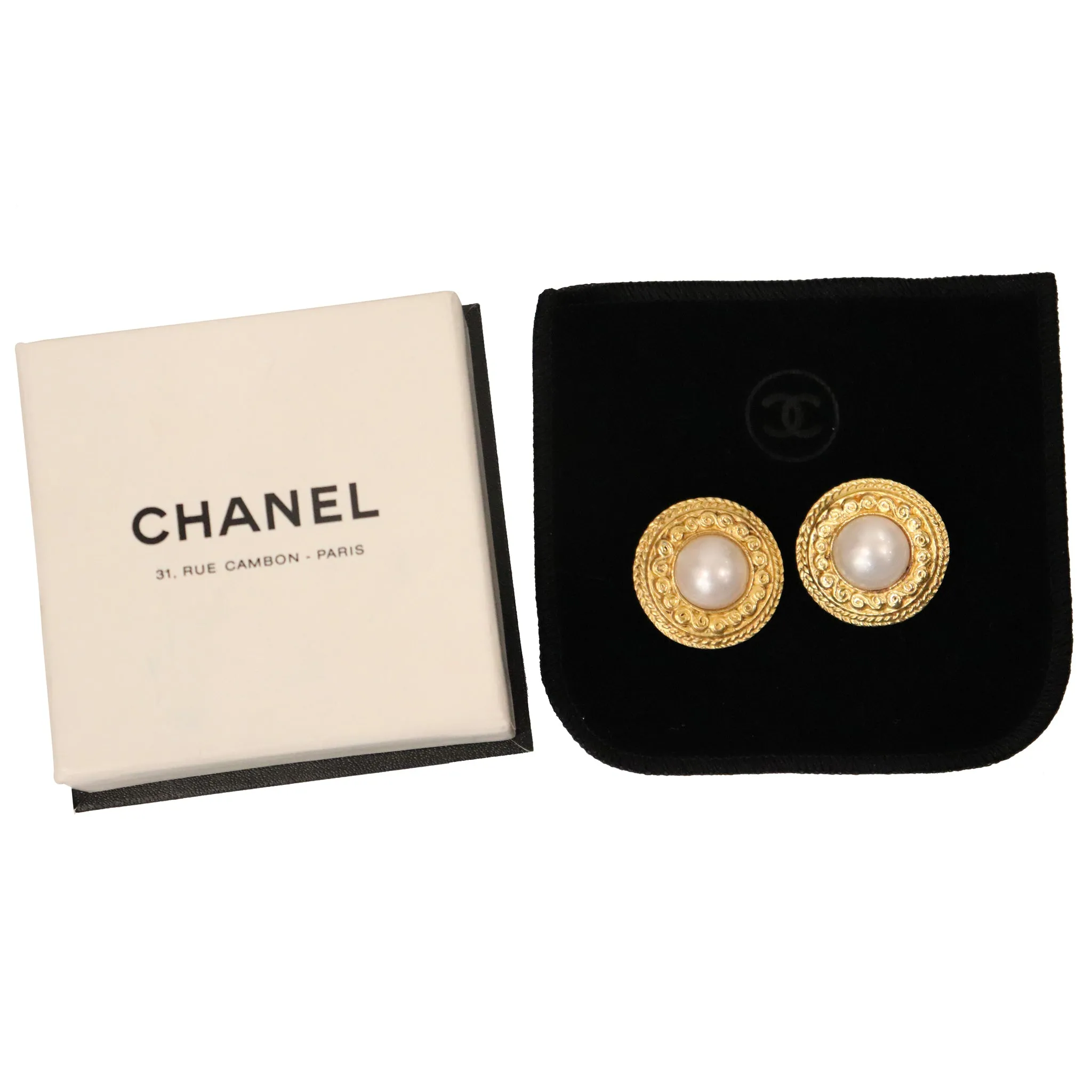 Chanel Round Faux Pearl Gold-tone Plated Metal Clip on Earrings Circa 1980s