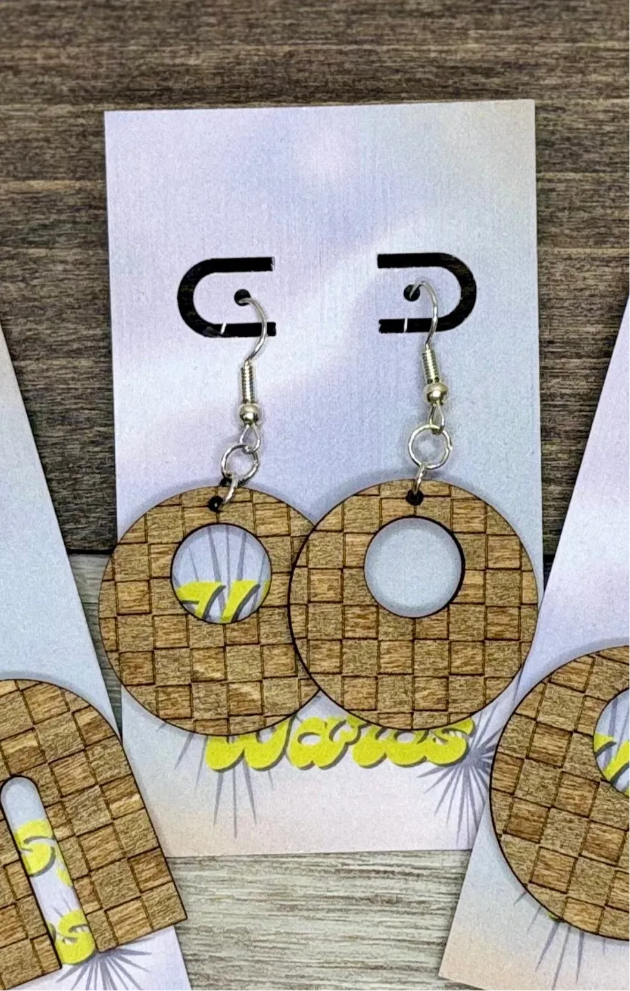 Engraved Checkerz - Natural Wood Earrings