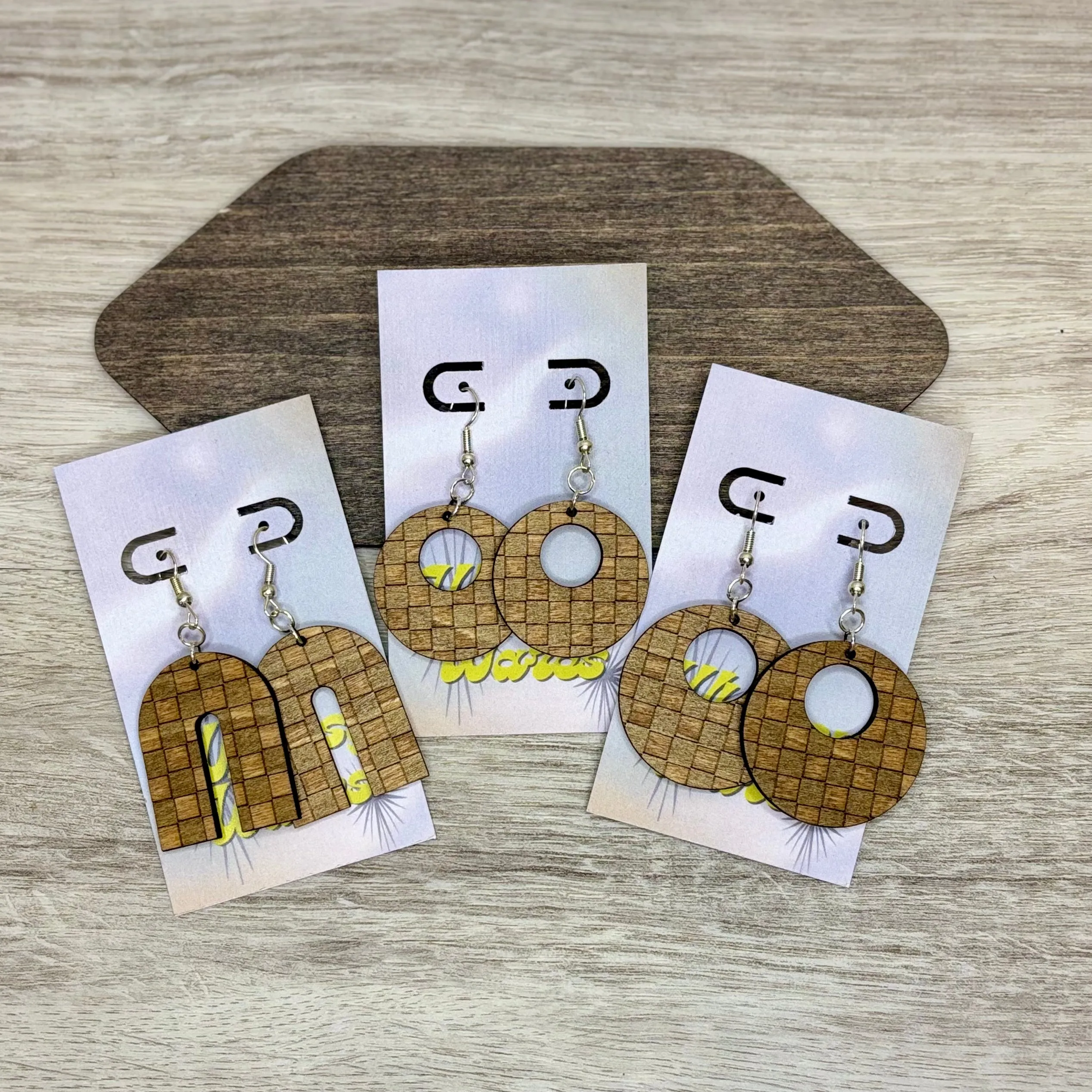 Engraved Checkerz - Natural Wood Earrings