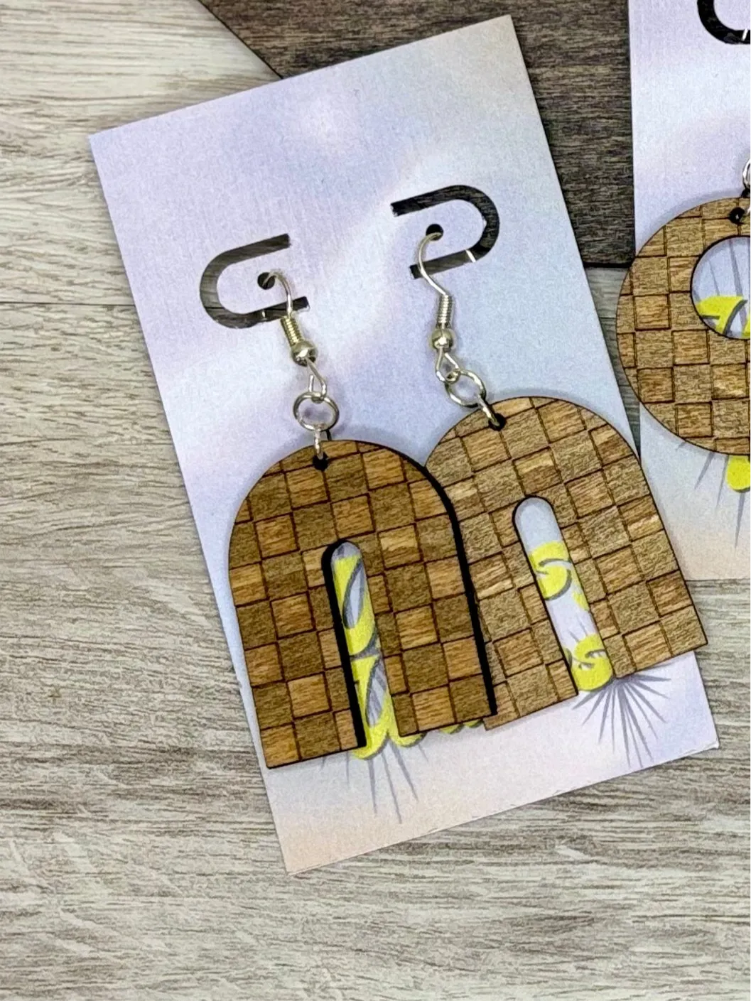 Engraved Checkerz - Natural Wood Earrings
