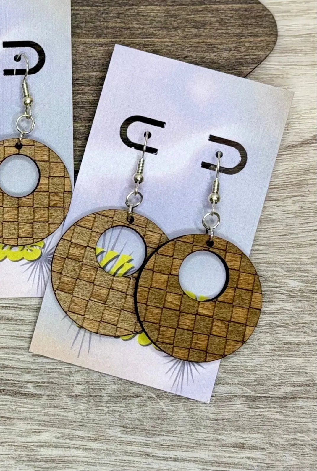 Engraved Checkerz - Natural Wood Earrings