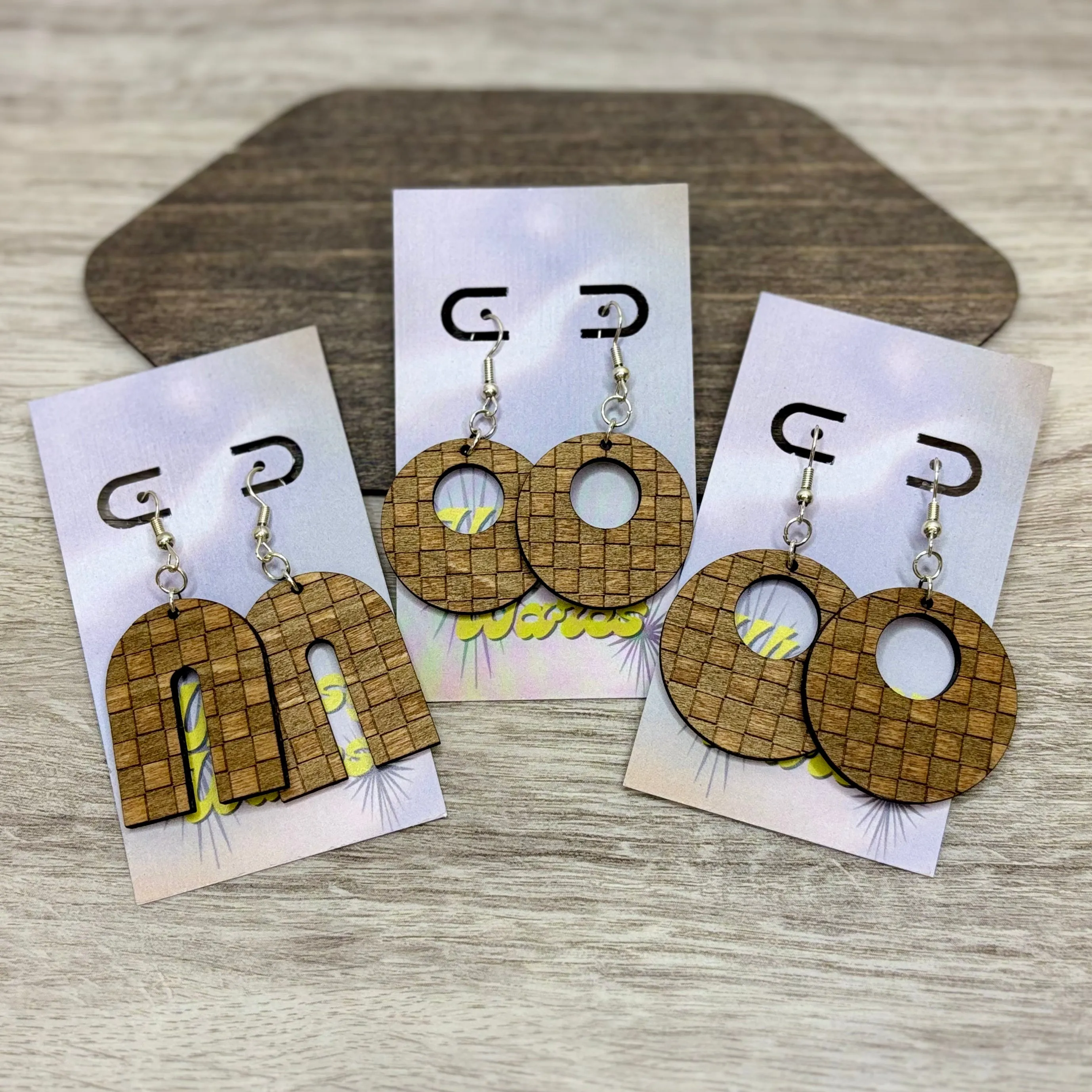 Engraved Checkerz - Natural Wood Earrings