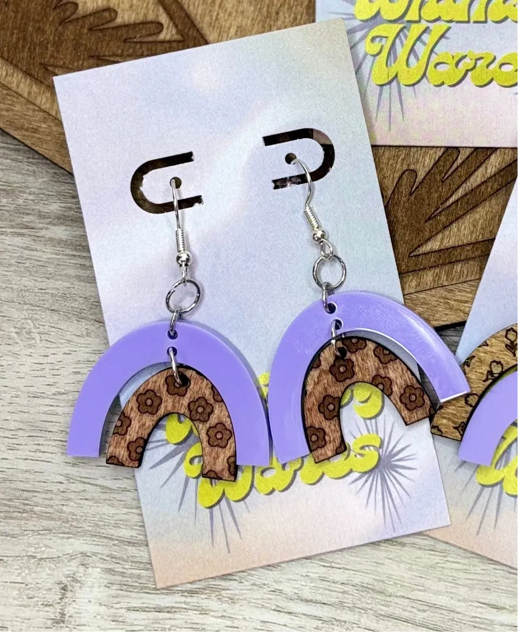 Engraved Flowers & Lilac Double Arch Dangles - Natural Wood & Acrylic Earrings