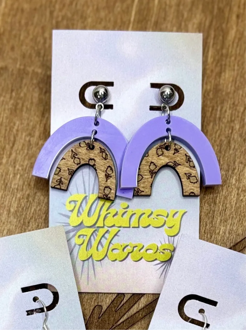 Engraved Flowers & Lilac Double Arch Dangles - Natural Wood & Acrylic Earrings