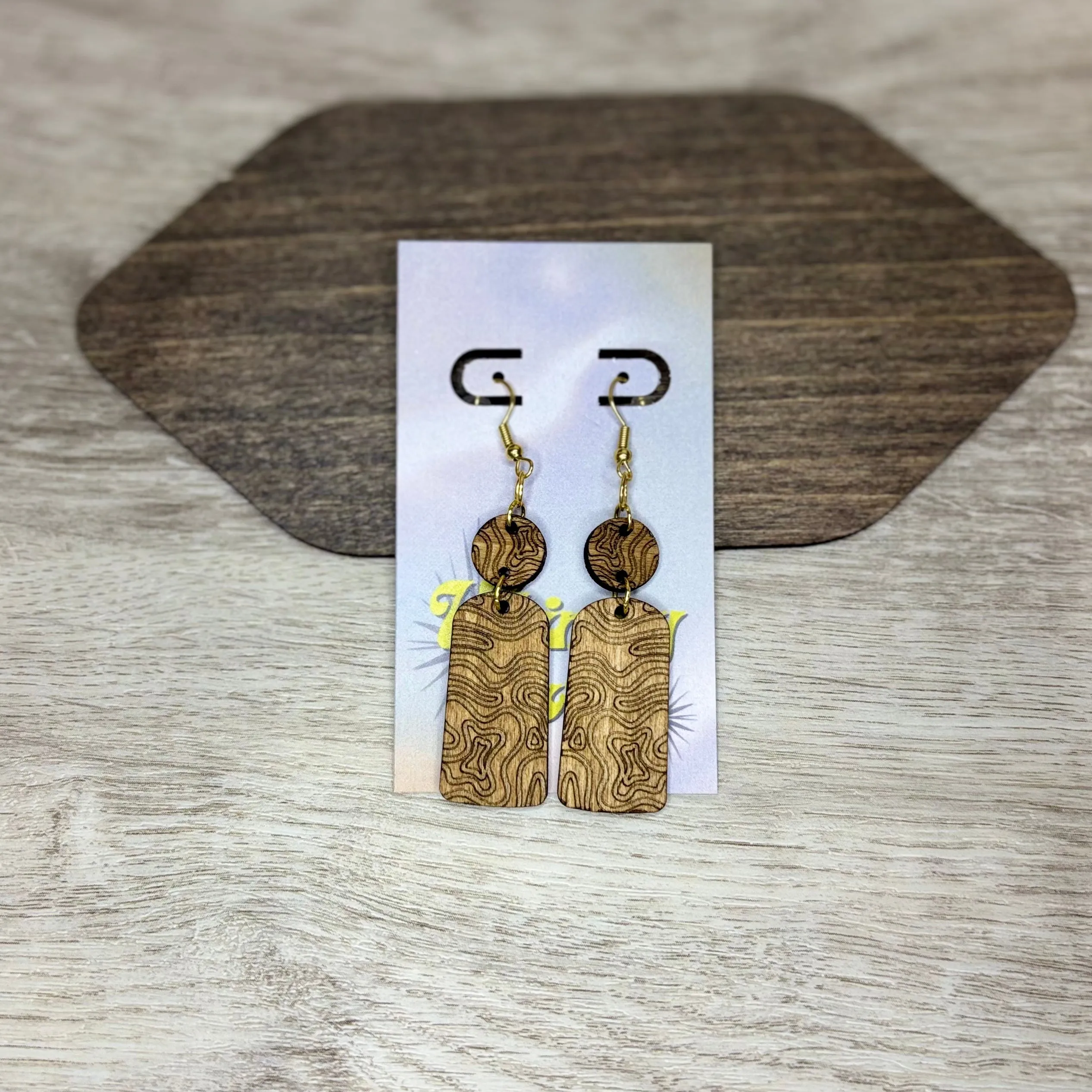 Engraved Squiggle Lines Double Dangles - Natural Wood Earrings