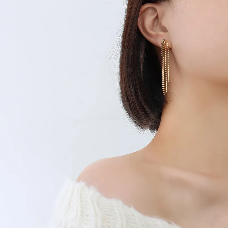 Exaggerated Steel Ball Tassel Earrings with Gold Titanium Plating for a Retro Cold Wind Look