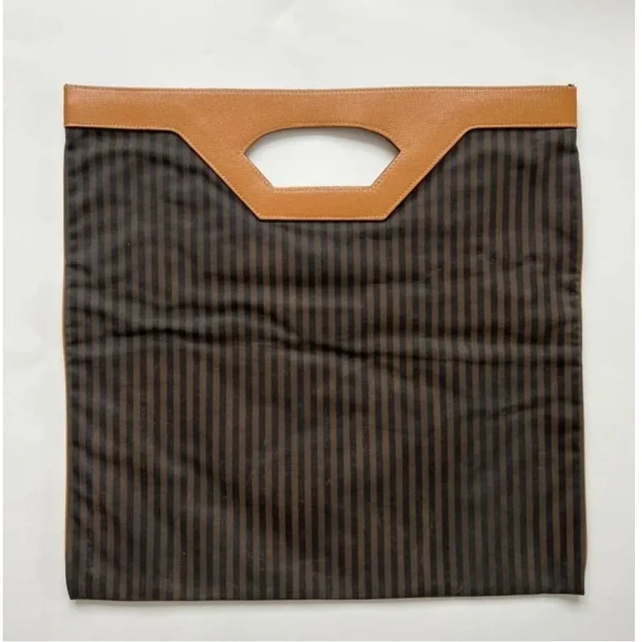 Fendi regimental stripe canvas & camel leather tote