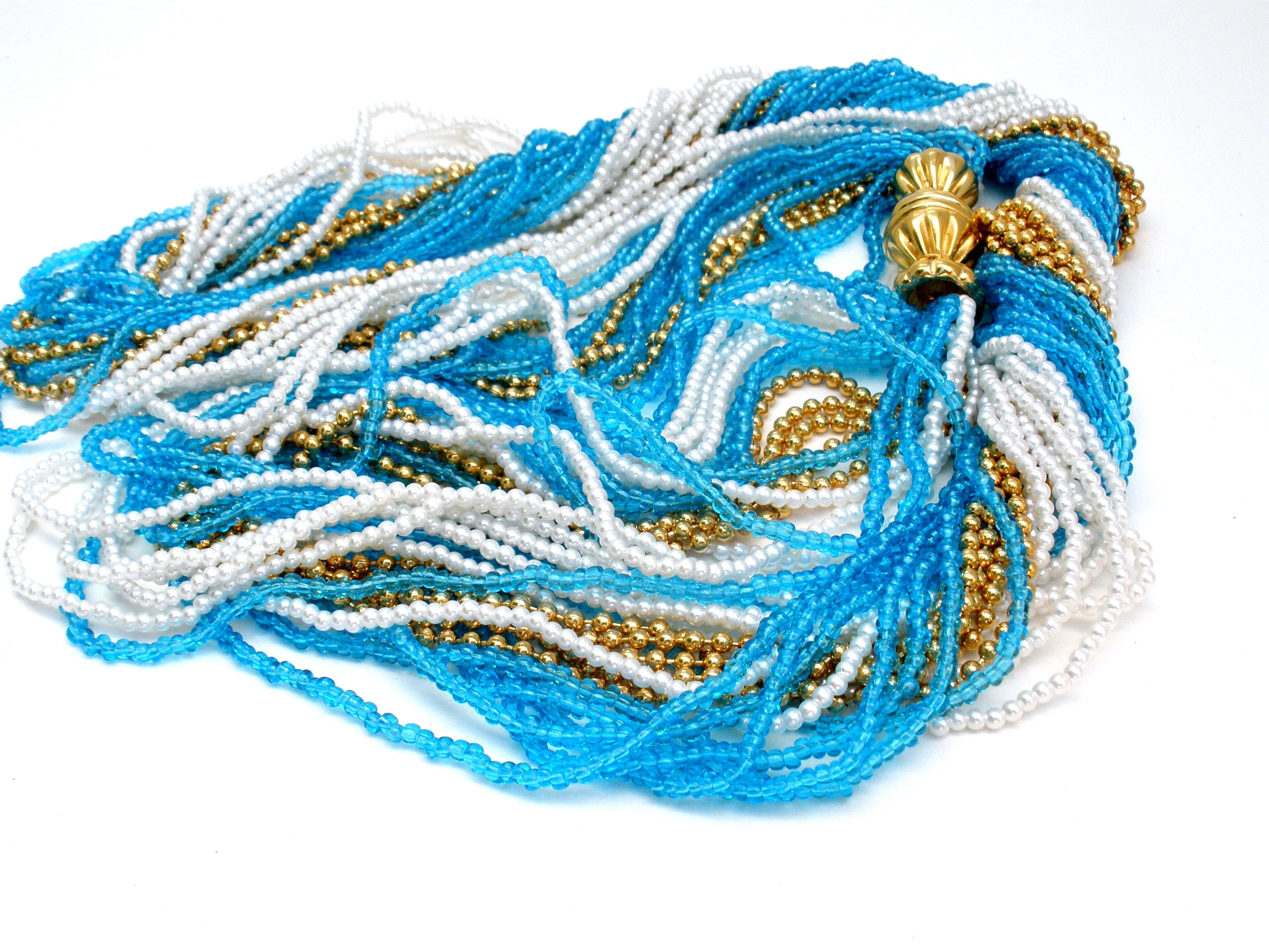 Napier Blue White & Gold Torsade Bead Necklace Vintage
