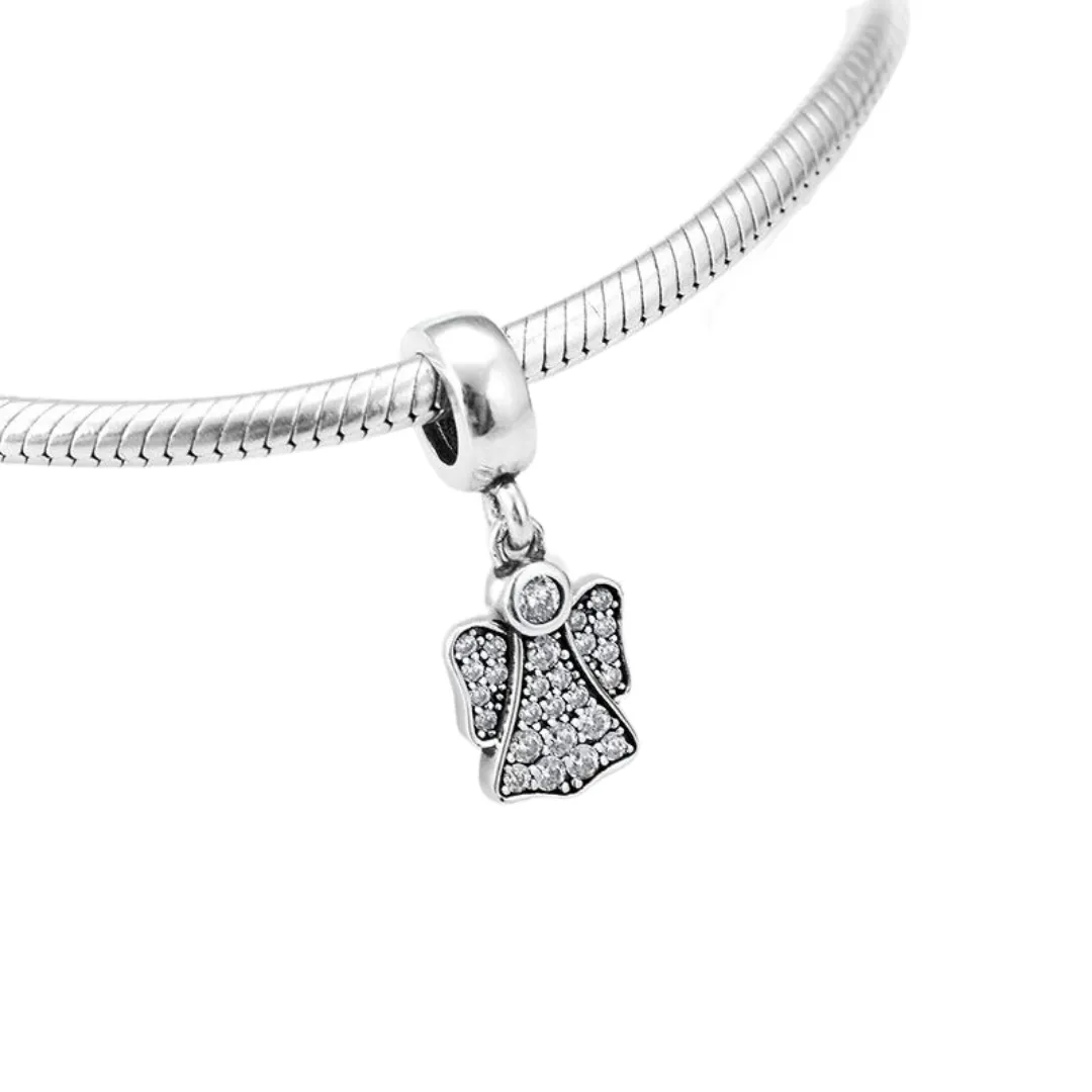 Sparkling Guardian Angel Dangle Charm 925 Sterling Silver