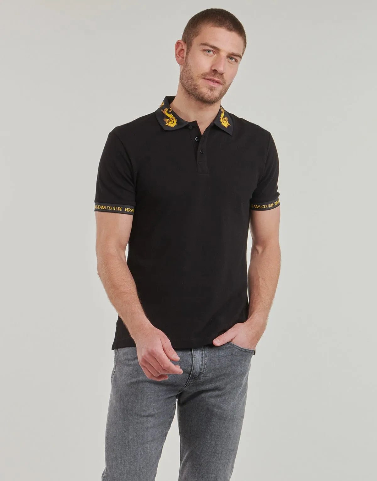 Versace Jeans Couture Black Polo with Baroque Collar – Luxe Details-