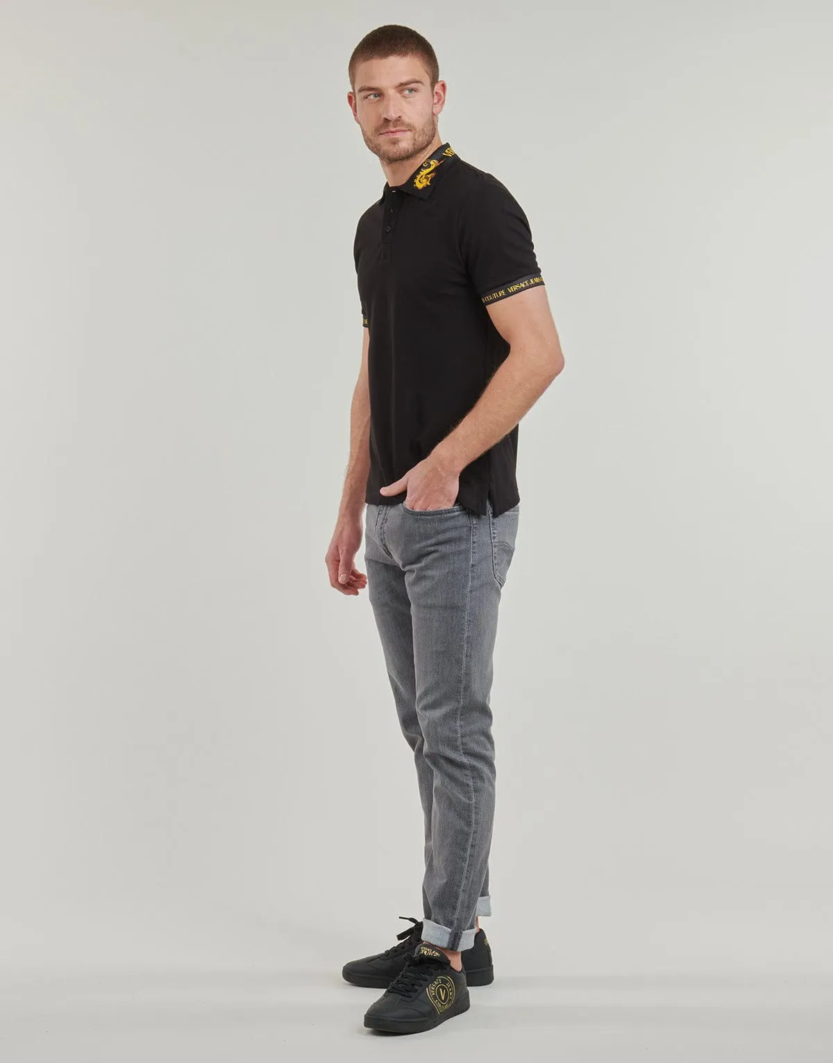 Versace Jeans Couture Black Polo with Baroque Collar – Luxe Details-