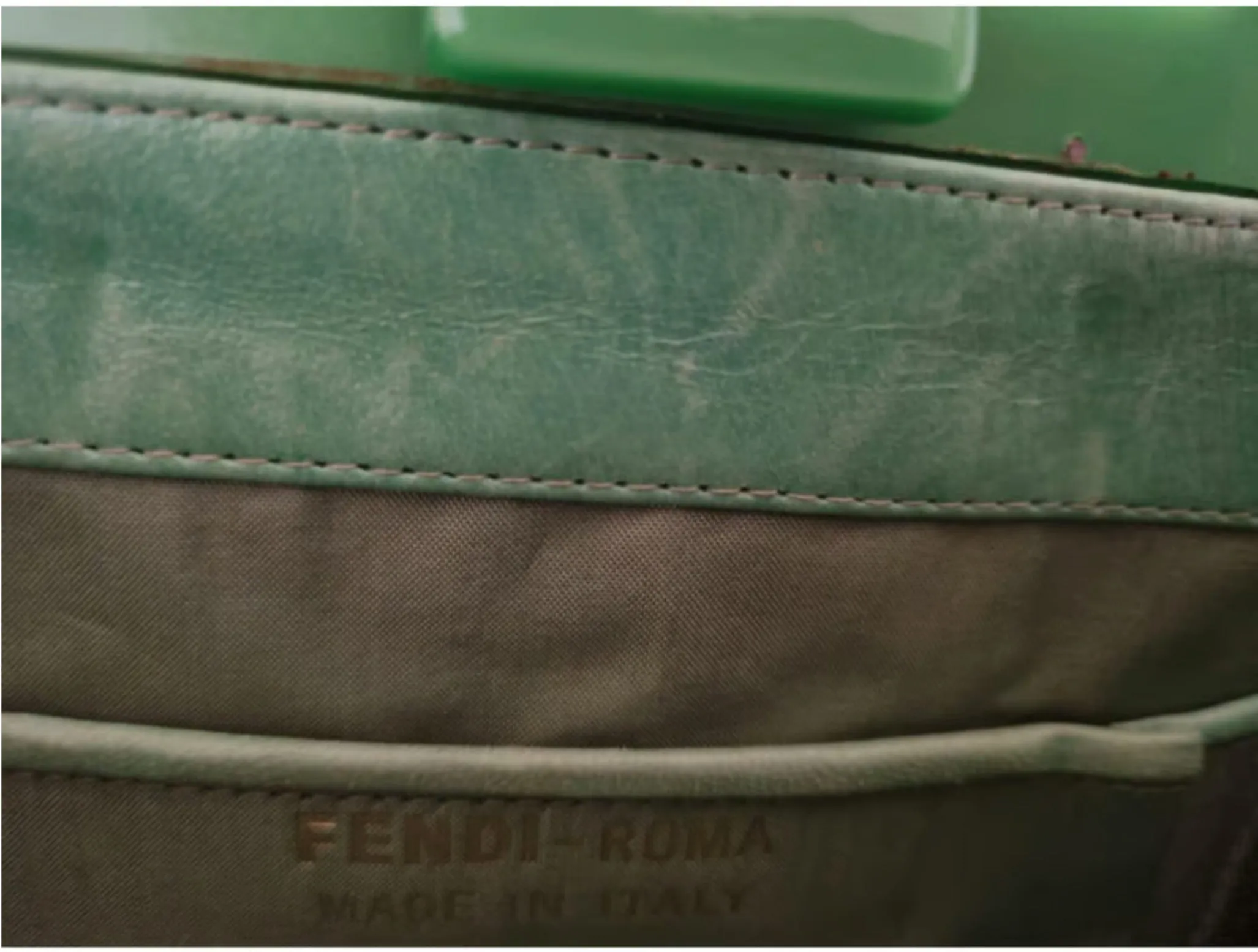 Vintage, Fendi green clutch style purse made of Lucite tiles and green leather with a latch top closure